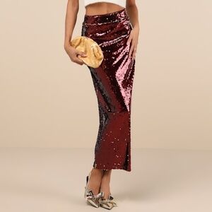 Lulus Dazzling Appearance Burgundy Sequin High-rise Midi Skirt Red - Size XXL